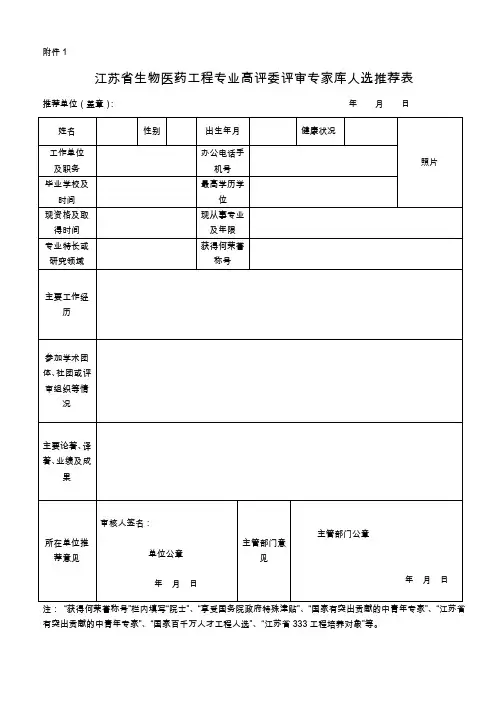 评审专家库人选推荐表