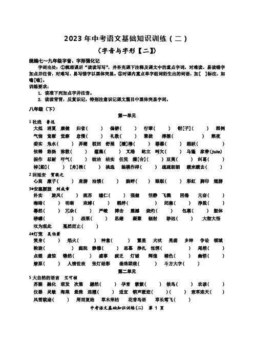2023年中考语文基础知识训练(二)字音与字形(2)