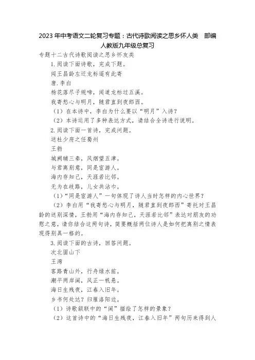 2023年中考语文二轮复习专题：古代诗歌阅读之思乡怀人类  部编人教版九年级总复习