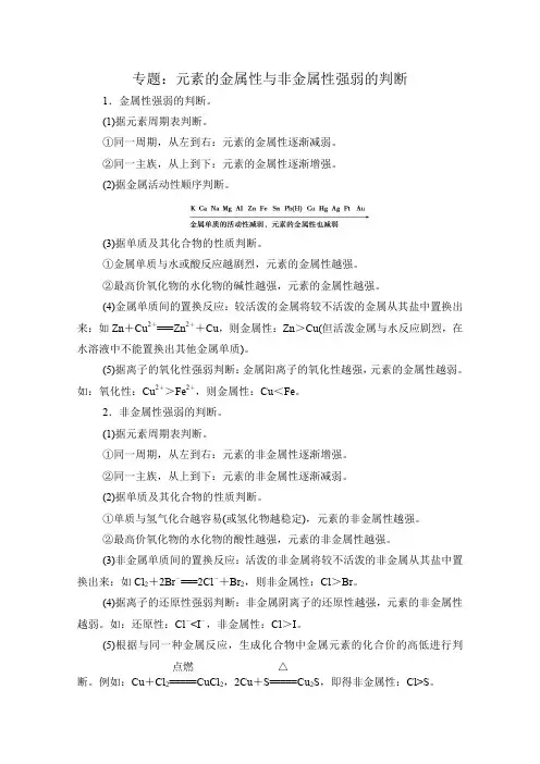 人教版高中化学必修2：元素的金属性与非金属性强弱的判断 专题总结