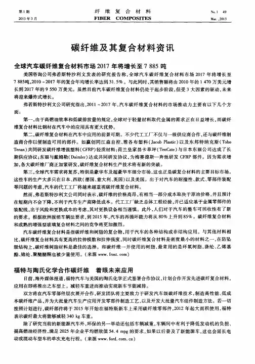 全球汽车碳纤维复合材料市场2017年将增长至7885吨
