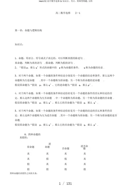 (word版)高中数学选修21知识点、考点、附典型例题,文档