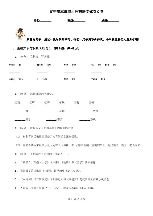 辽宁省本溪市小升初语文试卷C卷