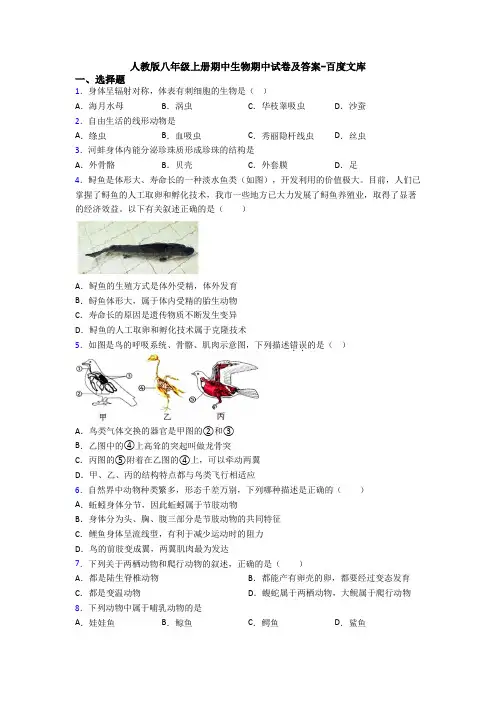 人教版八年级上册期中生物期中试卷及答案-百度文库
