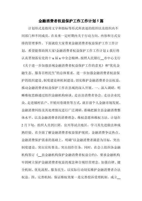 金融消费者权益保护工作工作计划5篇