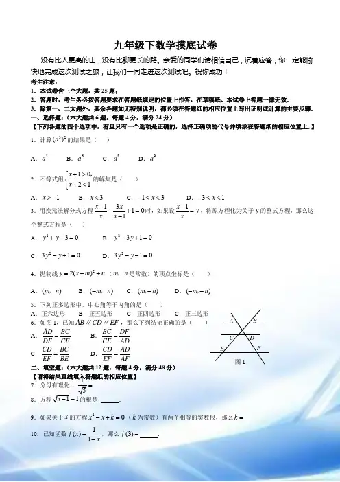 苏教版九年级下册数学试卷及答案
