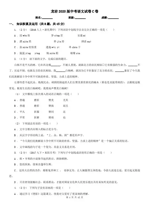 龙岩2020版中考语文试卷C卷