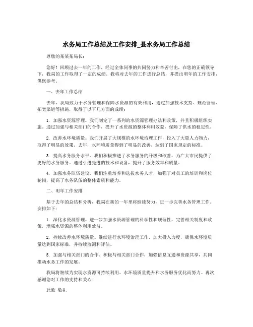水务局工作总结及工作安排_县水务局工作总结