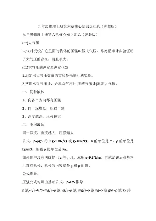 九年级物理上册第六章核心知识点汇总(沪教版)