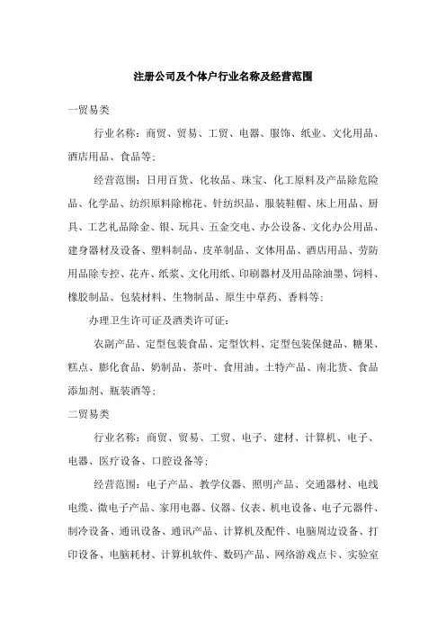 注册公司行业分类及经营范围
