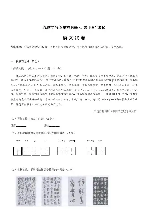 2019年2019年甘肃省武威市白银市定西市平凉市酒泉市临夏州张掖市中考语文试题(含答案)