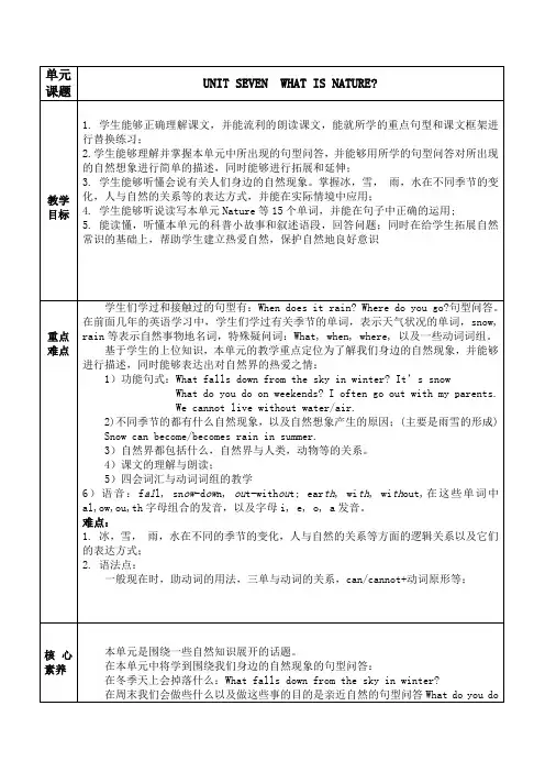 四年级英语上册第7单元单元教案