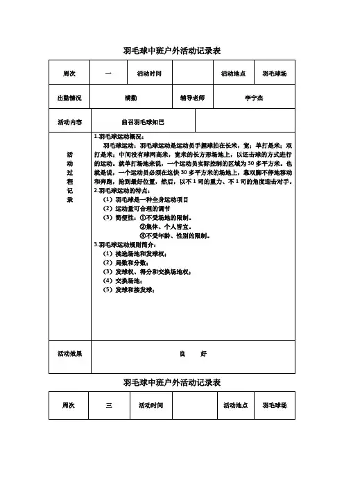 羽毛球中班户外活动记录表
