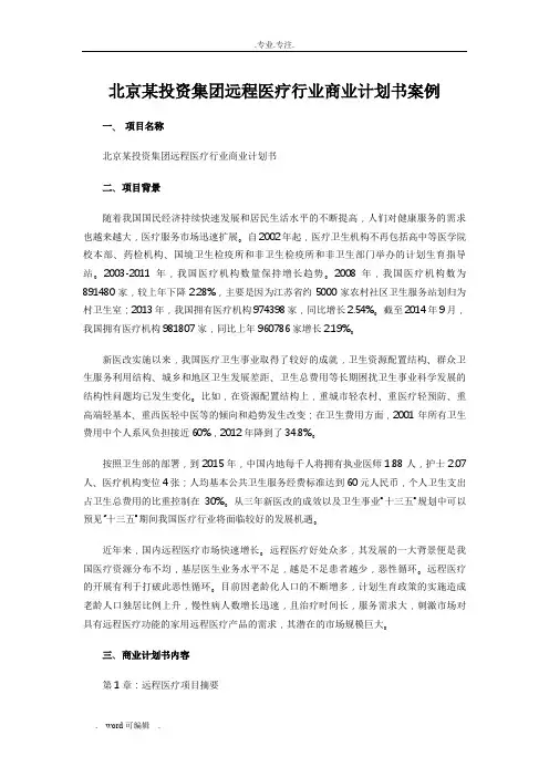 北京某投资集团远程医疗行业商业实施计划书案例