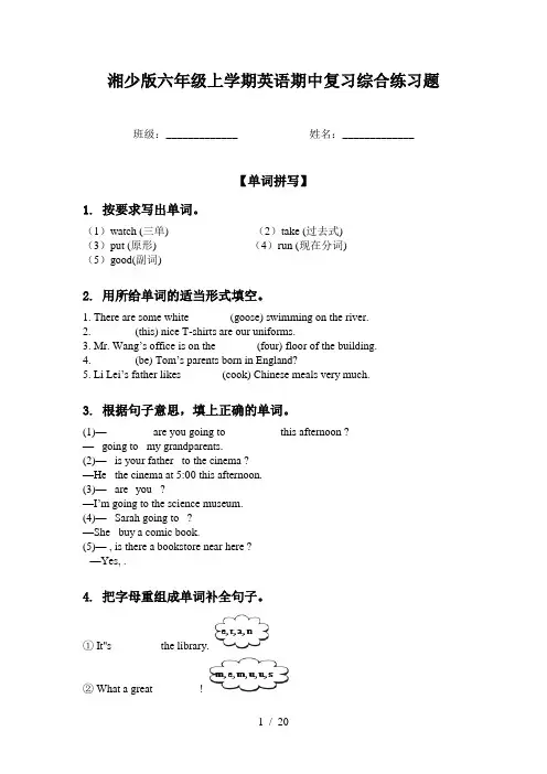 湘少版六年级上学期英语期中复习综合练习题