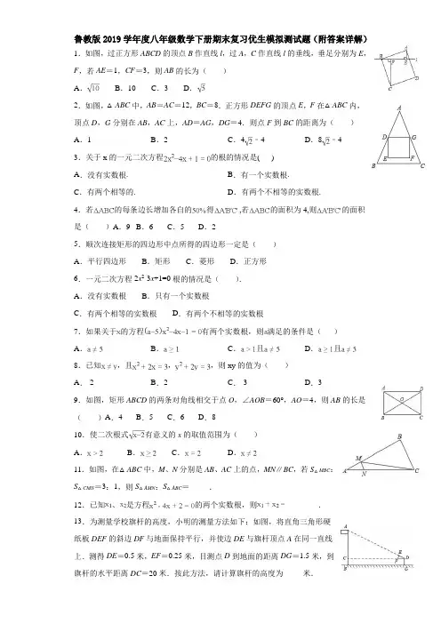 鲁教版2019学年度八年级数学下册期末模拟测试题(附答案详解)