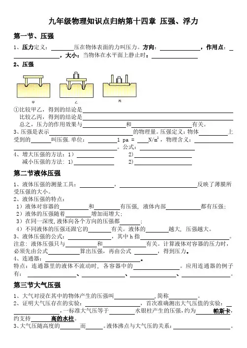 九年级物理知识点归纳第十四章压强浮力