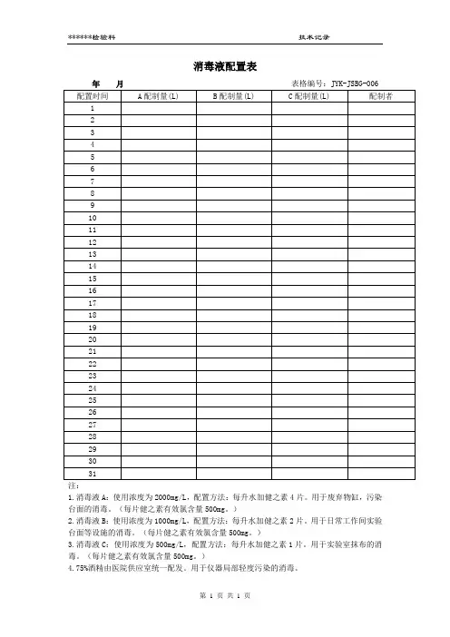 检验科消毒液配置记录