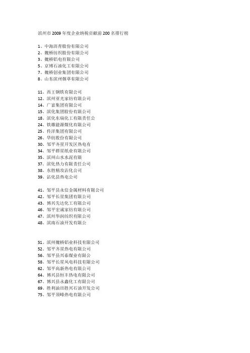 滨州市2009年度企业纳税贡献前200名排行榜