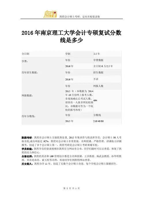 2016年南京理工大学会计专硕复试分数线是多少
