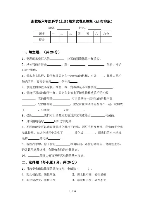 湘教版六年级科学(上册)期末试卷及答案(A4打印版)