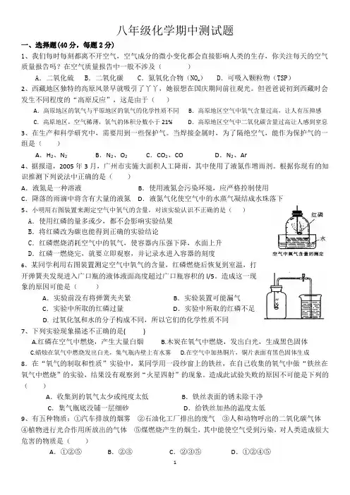 鲁教版八年级化学下学期期中试卷