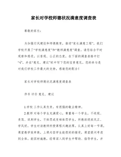 家长对学校师德状况满意度调查表
