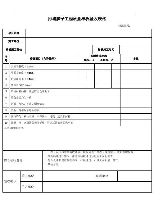 样板验收6.腻子工程质量样板验收表格