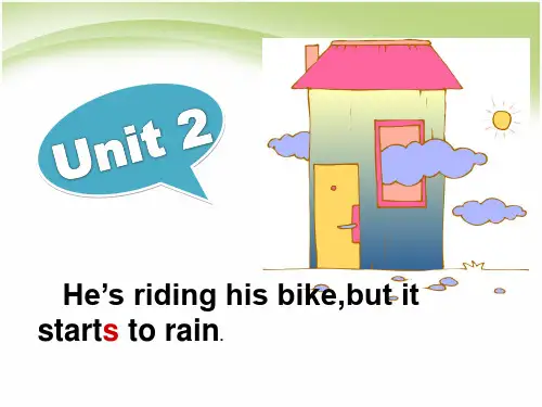 最新外研版六年级英语下册M5 U2 He's riding his bike,but it starts to rain课件