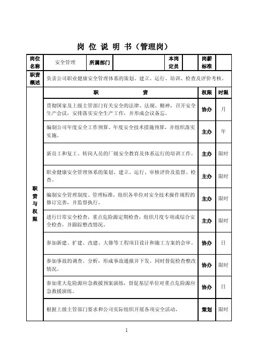 安全管理岗位说明书