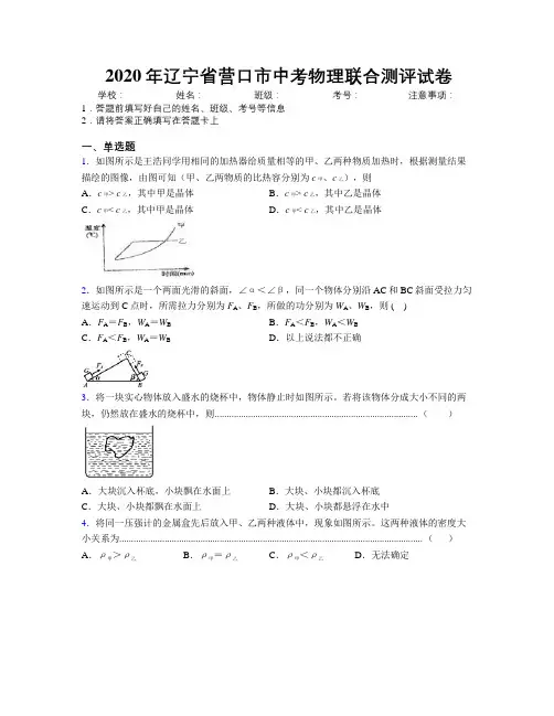 2020年辽宁省营口市中考物理联合测评试卷附解析