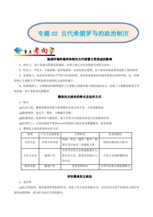 2020年高考历史二轮复习专题 古代希腊罗马的政治制度(解析版)