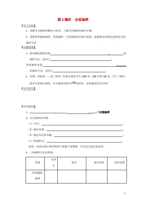 江苏省宿迁市高中数学第二章统计第3课时分层抽样导学案无答案苏教版必修320180207318