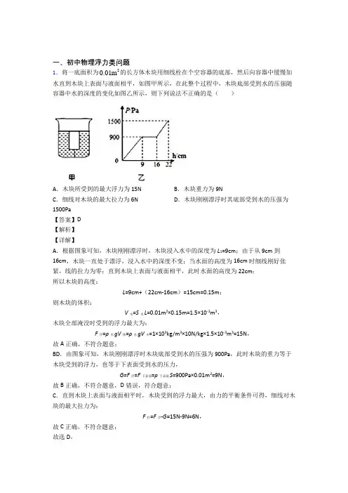 2020-2021中考物理压轴题之浮力类问题(中考题型整理,突破提升)及答案解析