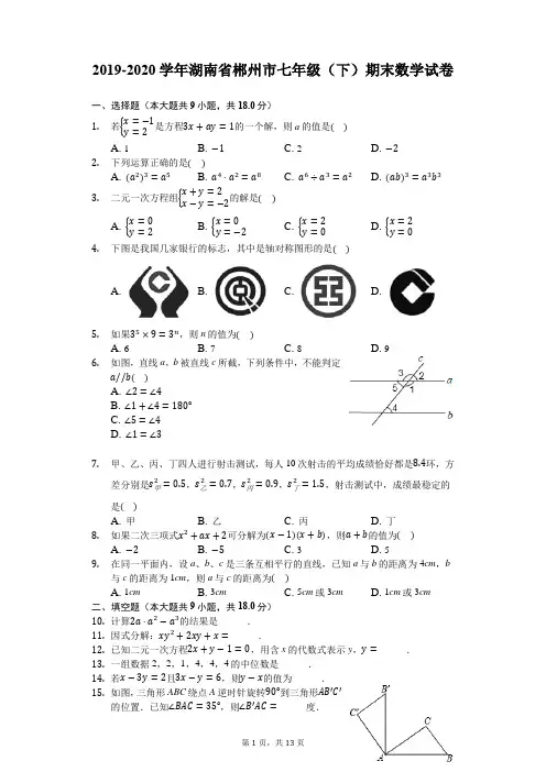 2019-2020学年湖南省郴州市七年级(下)期末数学试卷(解析版)