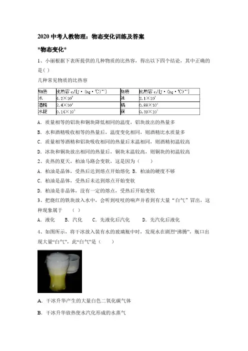 2020中考人教物理：物态变化训练及答案