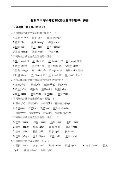 六年级下册语文试题-备考2019年小升初考试语文复习专题01：拼音 通用版(含解析)