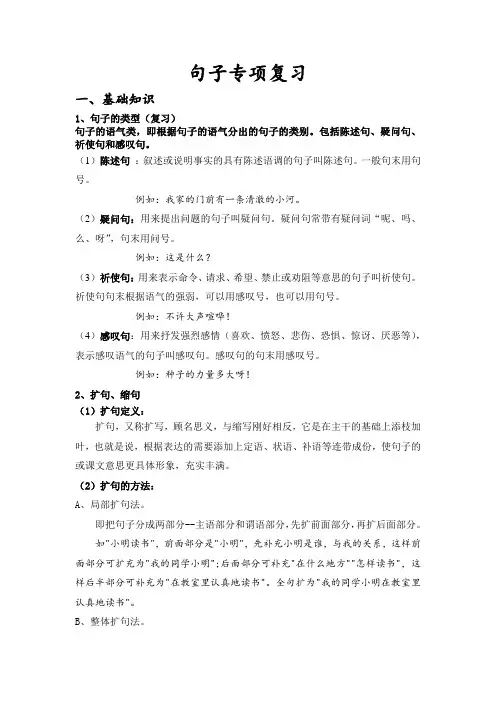 五年级上册语文试题-句子专项复习试题(无答案)部编版