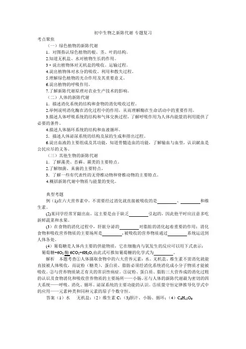 初中生物之新陈代谢-专题复习
