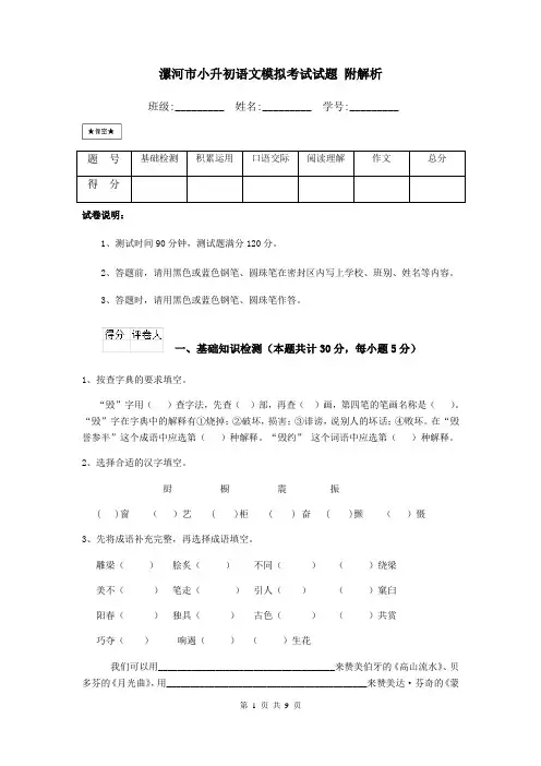 漯河市小升初语文模拟考试试题-附解析