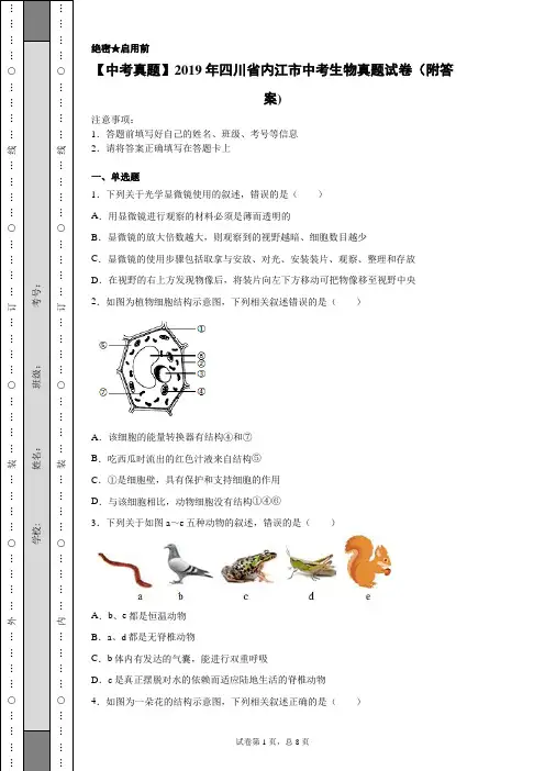 【中考真题】2019年四川省内江市中考生物真题试卷(附答案)
