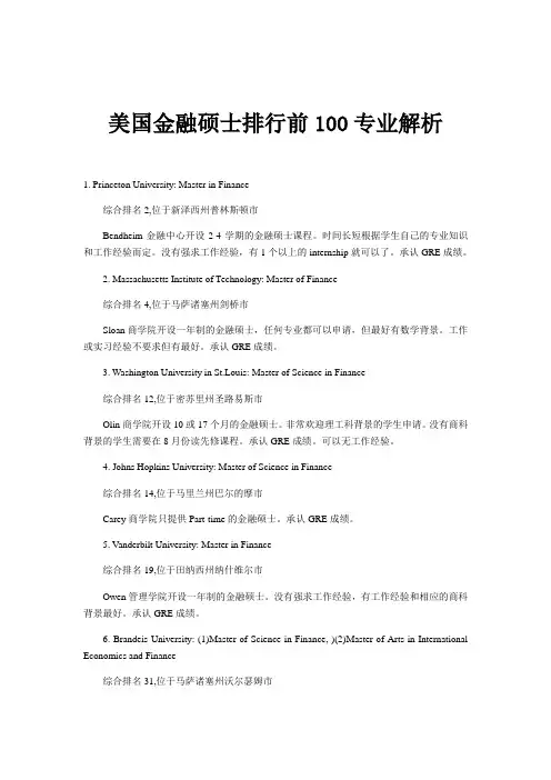 美国金融硕士排行前100专业解析