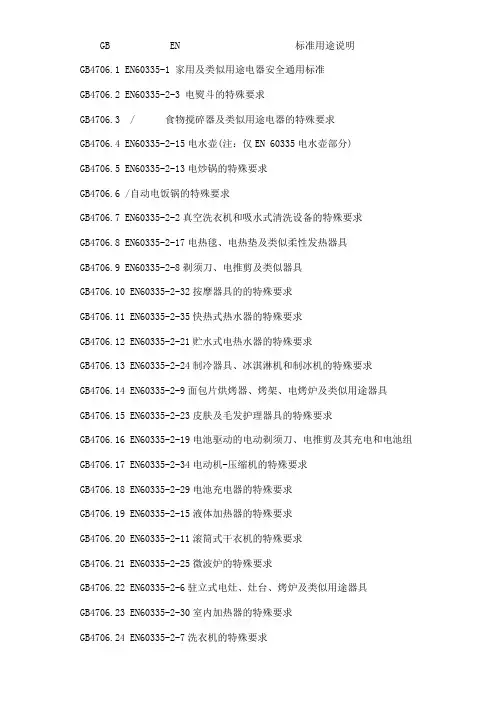EN60335各通用或专用要求对应标准