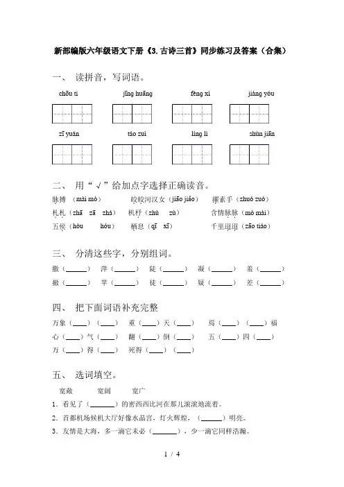 新部编版六年级语文下册《3.古诗三首》同步练习及答案(合集)