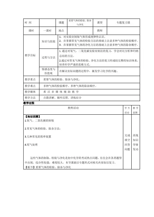初中化学_重要气体的检验、除杂与净化教学设计学情分析教材分析课后反思