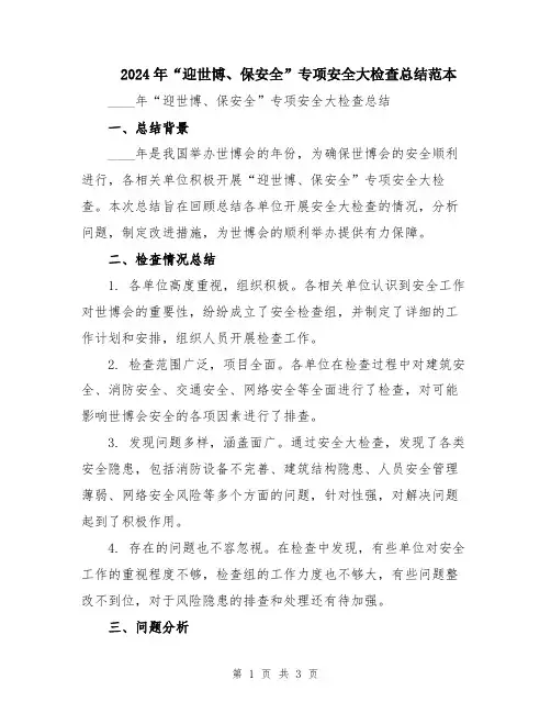 2024年“迎世博、保安全”专项安全大检查总结范本