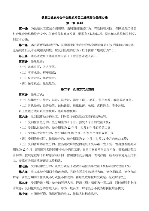 黑龙江省农村合作金融机构员工违规行为处理办法