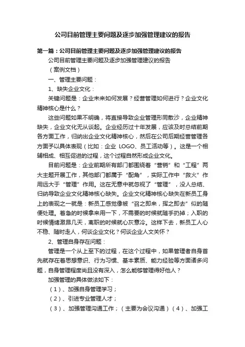 公司目前管理主要问题及逐步加强管理建议的报告