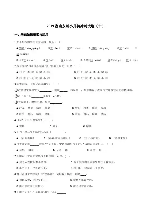 六年级下册语文试题--2019湖南永州小升初冲刺试题(十) 人教新课标 含答案