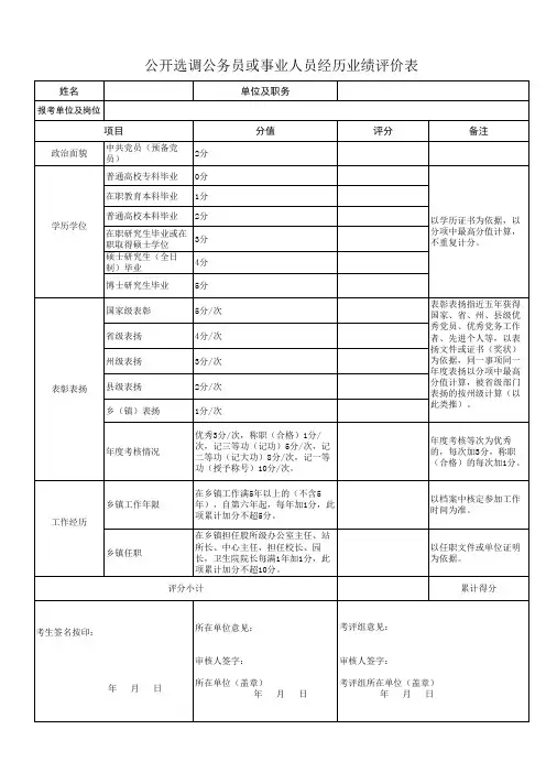 公开选调公务员或事业人员经历业绩评价表